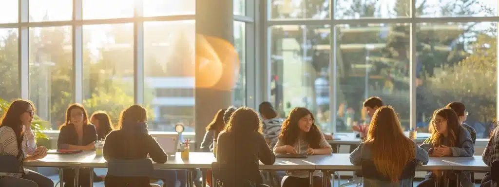 a dynamic classroom scene showcasing engaged students in a vibrant group tutoring session, illuminated by warm natural light filtering through large windows, emphasizing collaboration and collective learning.