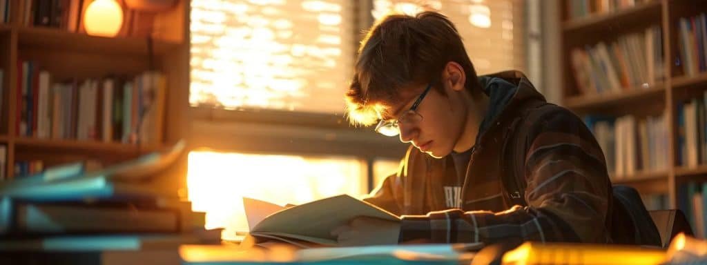 a focused student diligently studies under warm, golden light in a cozy, well-organized study room, surrounded by books and notes that radiate a sense of determination to achieve high atar scores in vce exams.