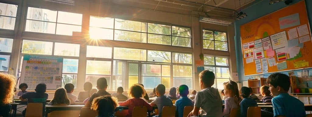 a vibrant classroom filled with engaged children, showcasing a colorful chart highlighting school rankings on the wall, illuminated by warm sunlight pouring through large windows.