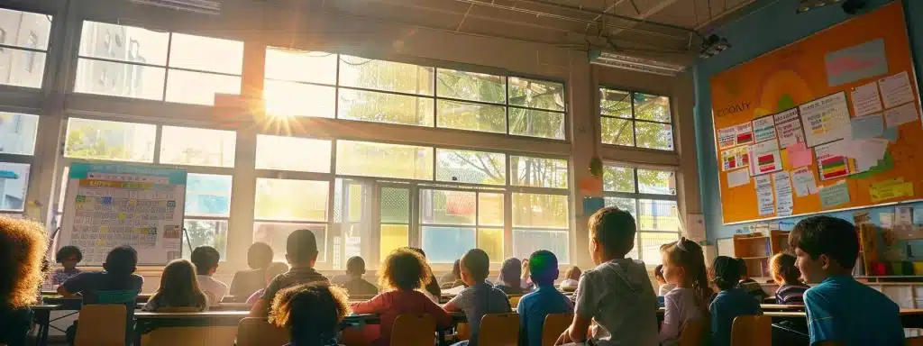 a vibrant classroom filled with engaged children, showcasing a colorful chart highlighting school rankings on the wall, illuminated by warm sunlight pouring through large windows.