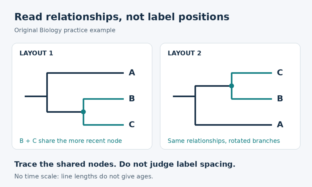 Two rooted trees with different layouts show the same relationship: B and C share a more recent common ancestor, while A branches off earlier. Branch lengths do not show time.