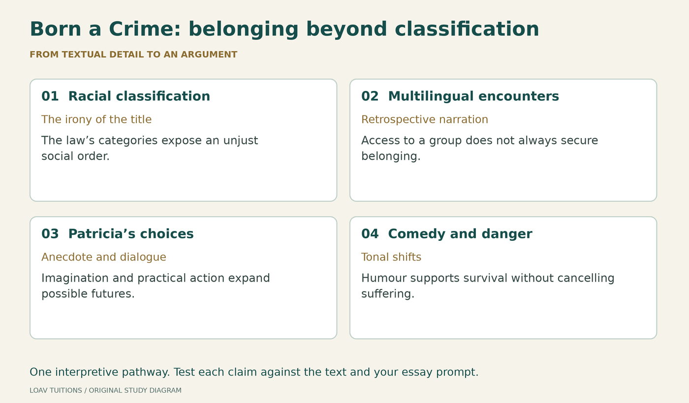 Original study diagram for Born a Crime, connecting textual moments, methods and interpretations.