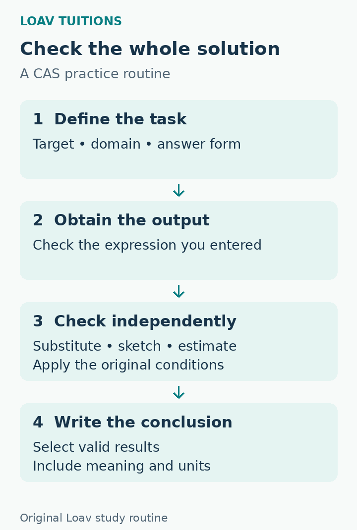 Four stages of a Methods CAS check: define the task and domain, obtain CAS output, check independently, and write the relevant conclusion.