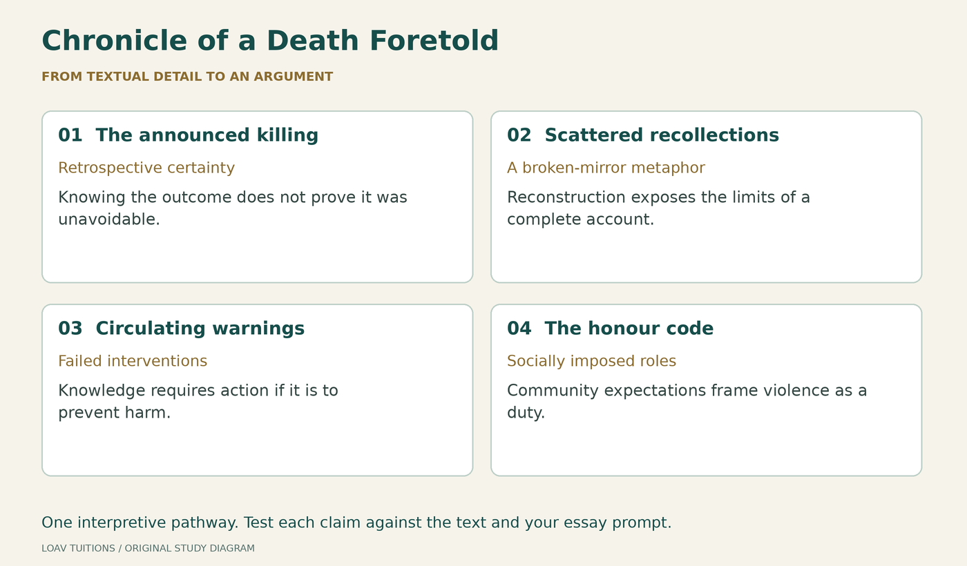 Original study diagram for Chronicle of a Death Foretold, connecting textual moments, methods and interpretations.