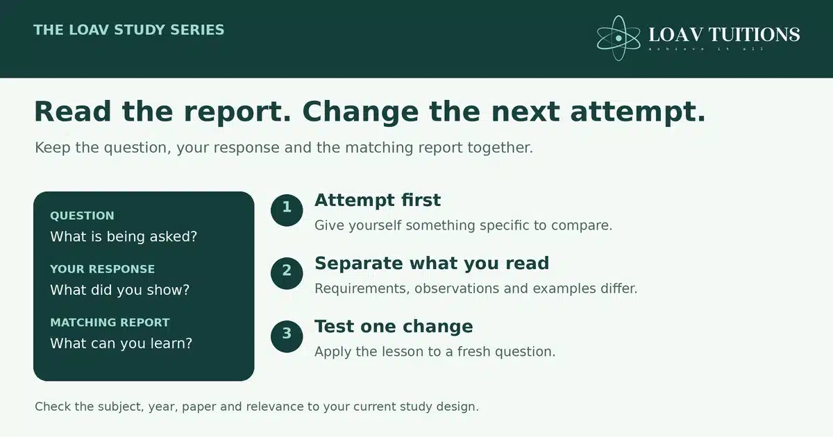 Compare the question, your response and its matching report. Attempt first, separate requirements from observations and examples, then test one change.