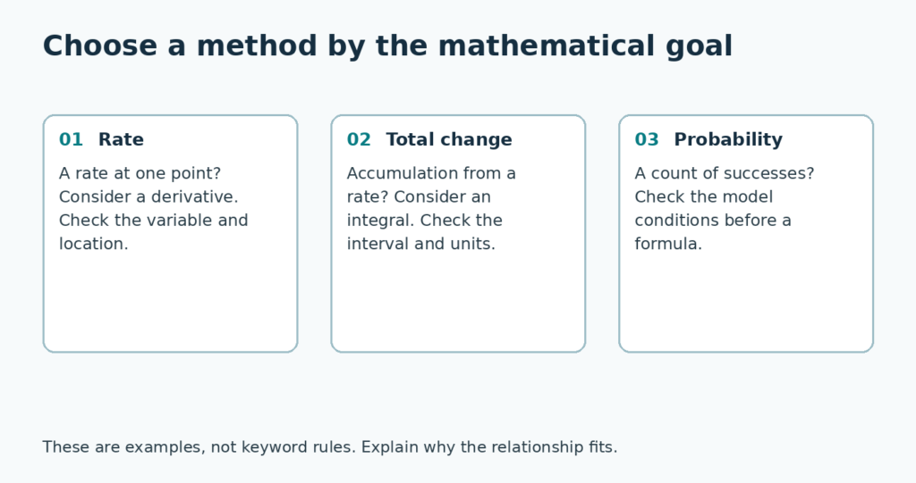 Three possible goals in a mixed Methods set: an instantaneous rate, a total change over an interval, or a probability. Each needs its own conditions checked before choosing a method.
