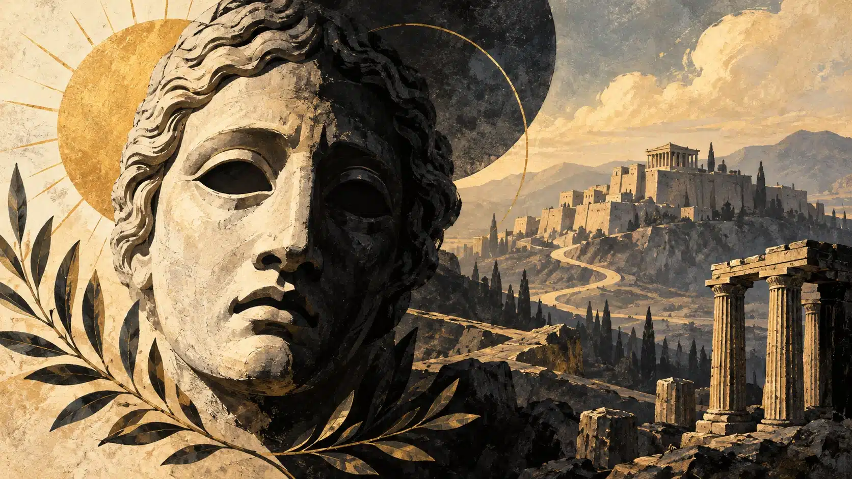 A Greek theatrical mask half in light and half in shadow, beside an imagined ancient city.
