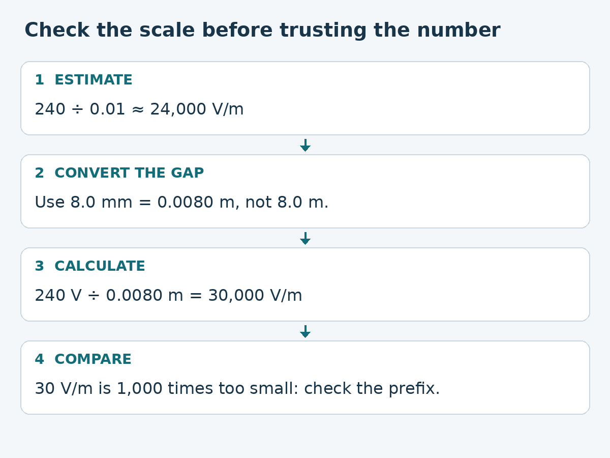 Electric-field check: estimate about 24000 volts per metre, correct 8.0 millimetres to 0.0080 metres, calculate 30000 volts per metre, and reject 30 volts per metre from the unconverted gap.
