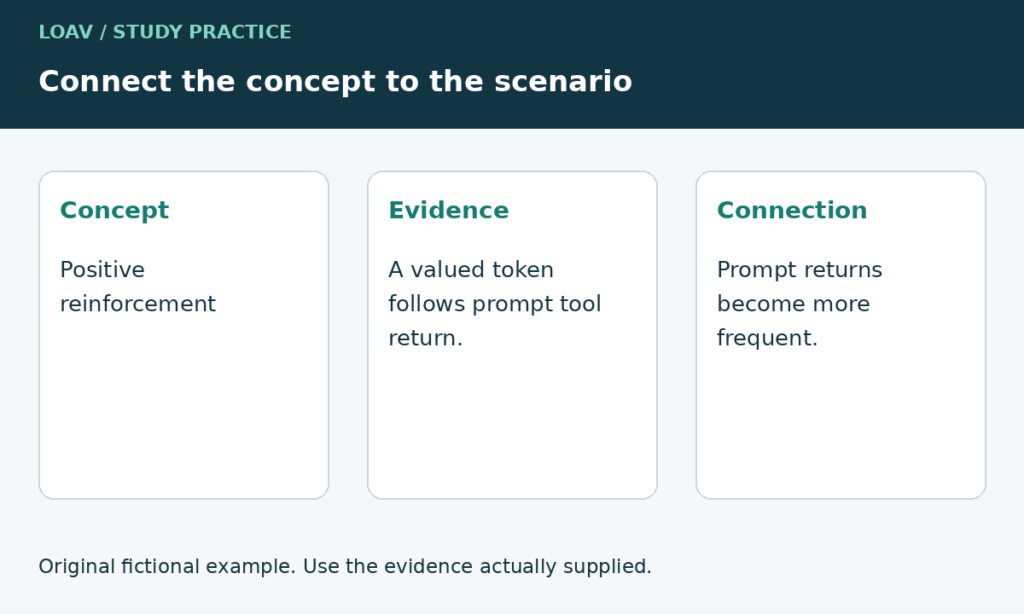 Three columns connect positive reinforcement to Ravi receiving a valued token and returning tools promptly more often.