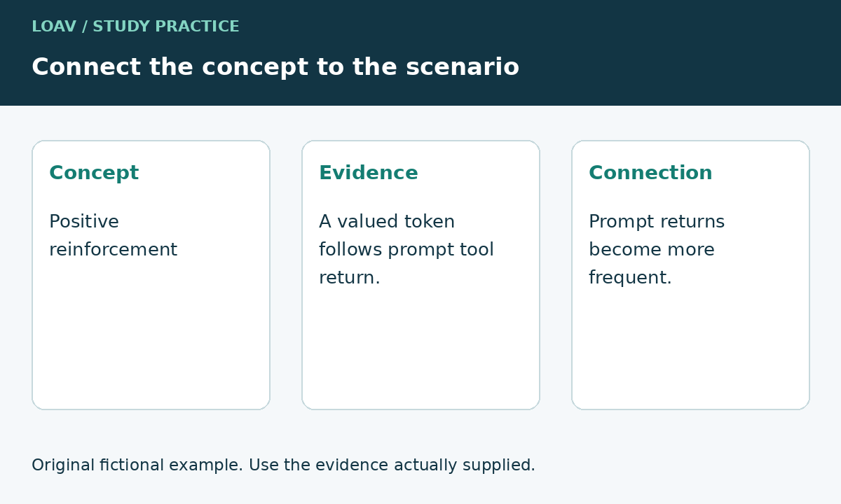 Three columns connect positive reinforcement to Ravi receiving a valued token and returning tools promptly more often.