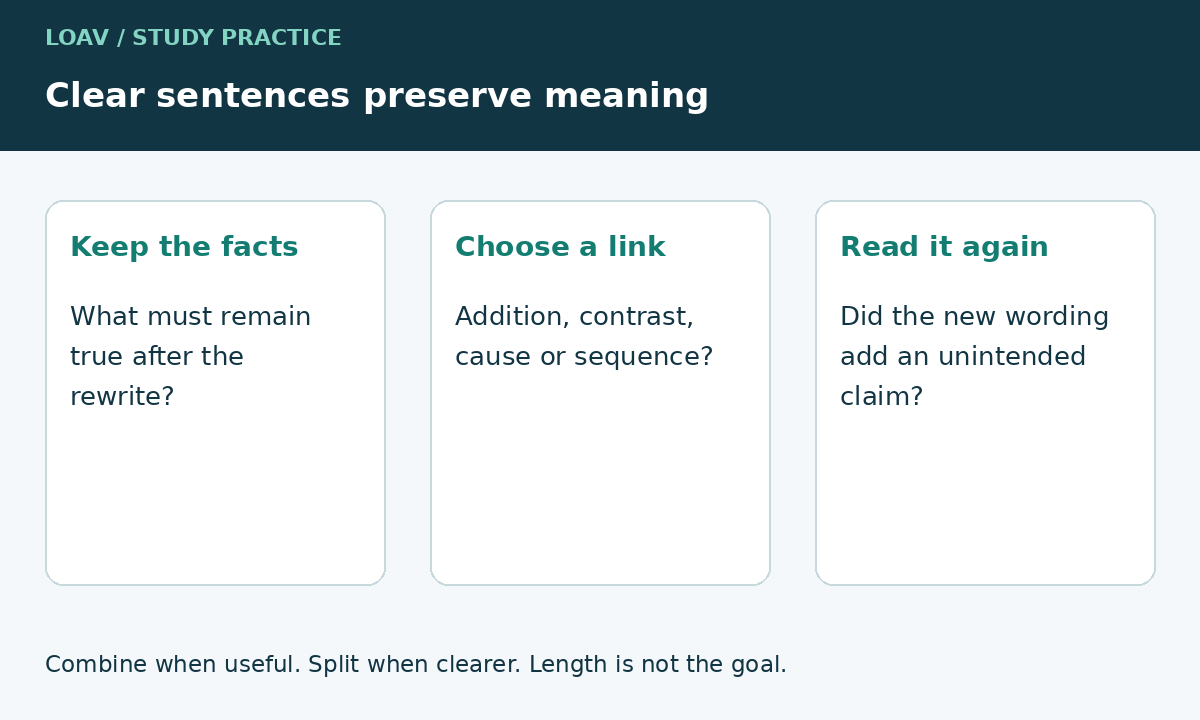 Three sentence checks: preserve the facts, choose the relationship, and reread the meaning. Longer is not automatically clearer.