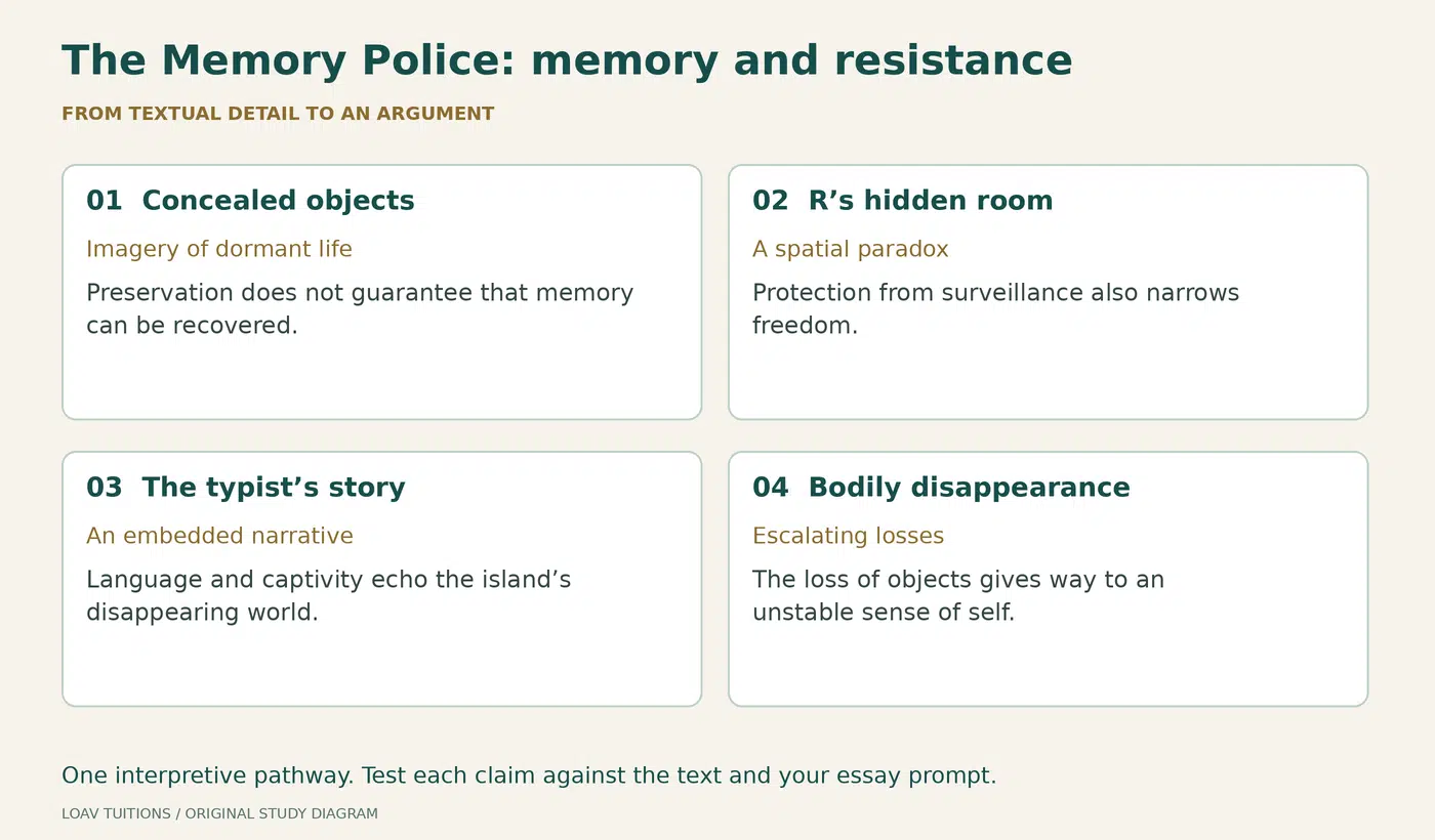 Original study diagram for The Memory Police, connecting textual moments, methods and interpretations.