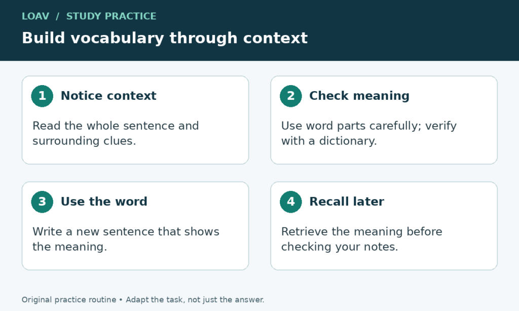 Four numbered vocabulary steps: notice context, check meaning, use the word in a new sentence, and recall later.