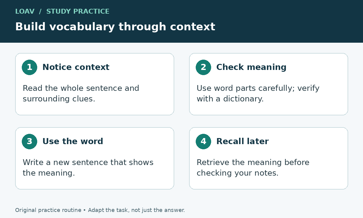 Four numbered vocabulary steps: notice context, check meaning, use the word in a new sentence, and recall later.