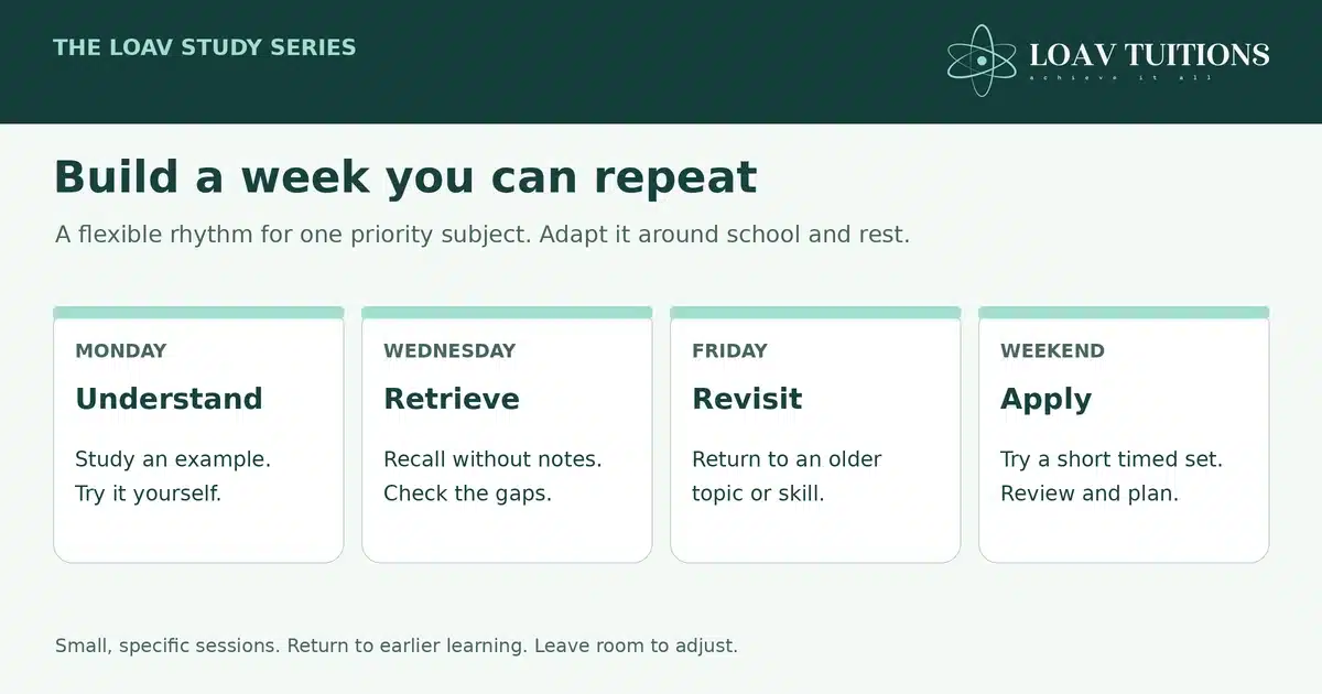 A flexible weekly study rhythm: understand on Monday, retrieve on Wednesday, revisit on Friday, and apply and review on the weekend.